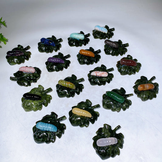 2.7" Crystal Silkworm on Serpentine Leaf Carving Crystal Healing Bulk Wholesale