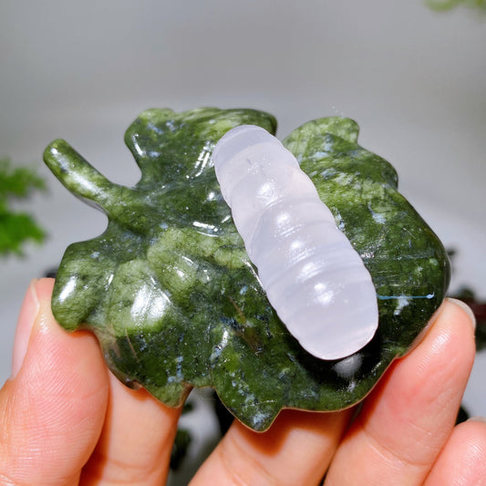 2.7" Crystal Silkworm on Serpentine Leaf Carving Crystal Healing Bulk Wholesale