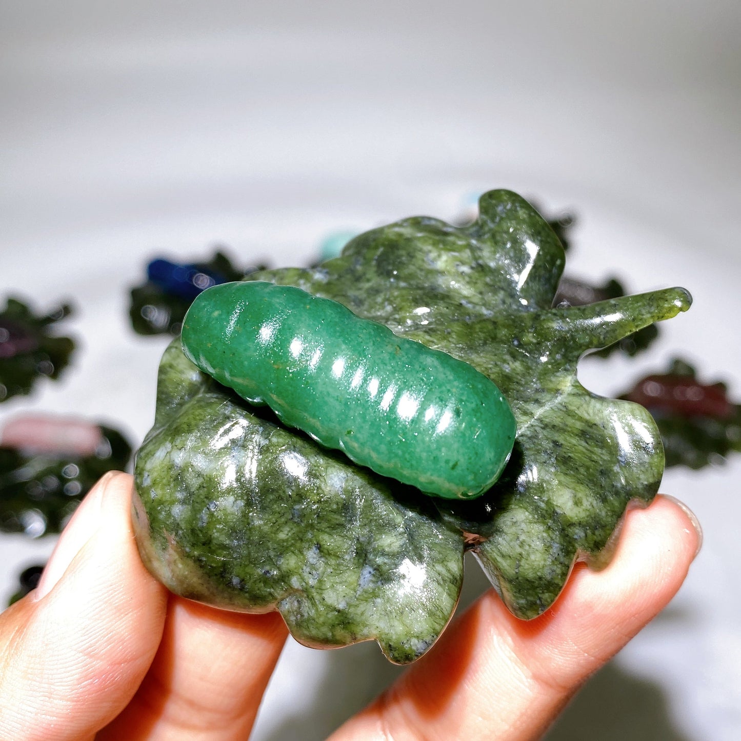 2.7" Crystal Silkworm on Serpentine Leaf Carving Crystal Healing Bulk Wholesale