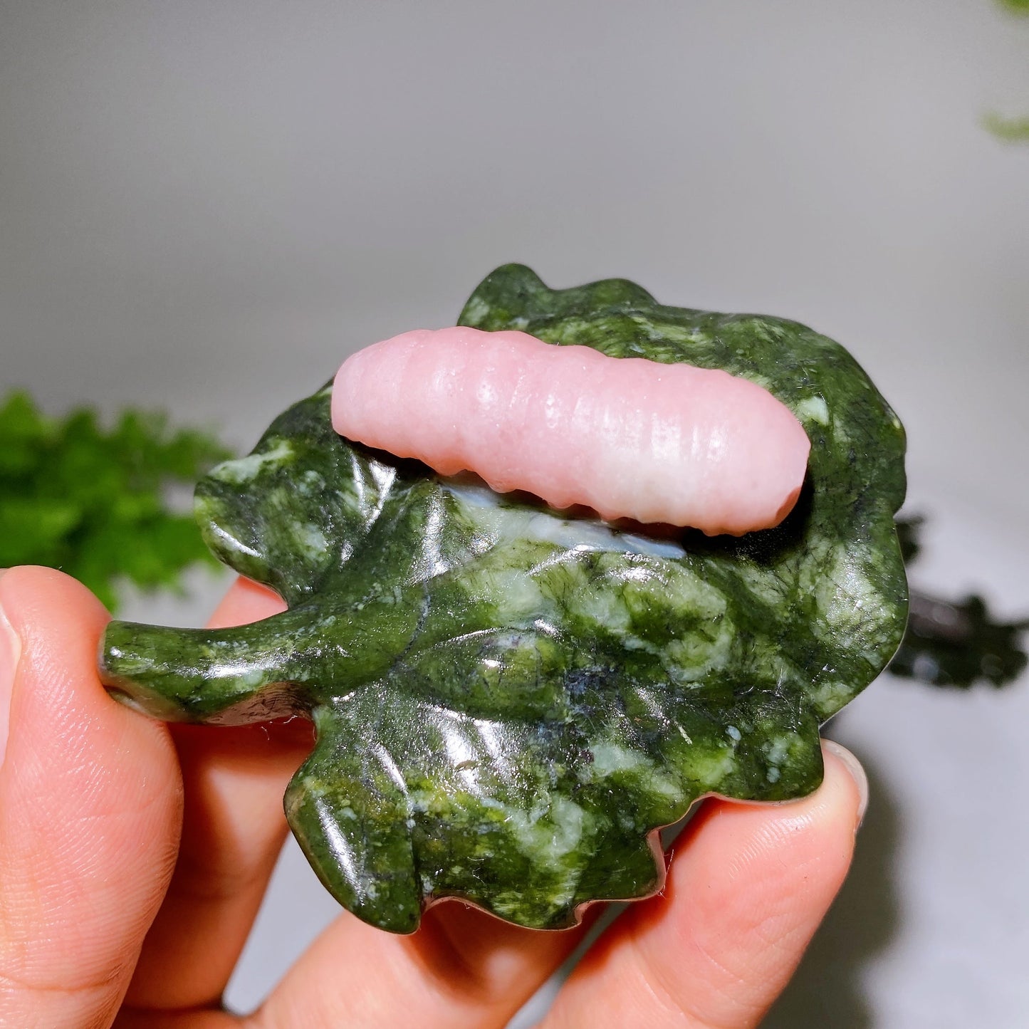 2.7" Crystal Silkworm on Serpentine Leaf Carving Crystal Healing Bulk Wholesale