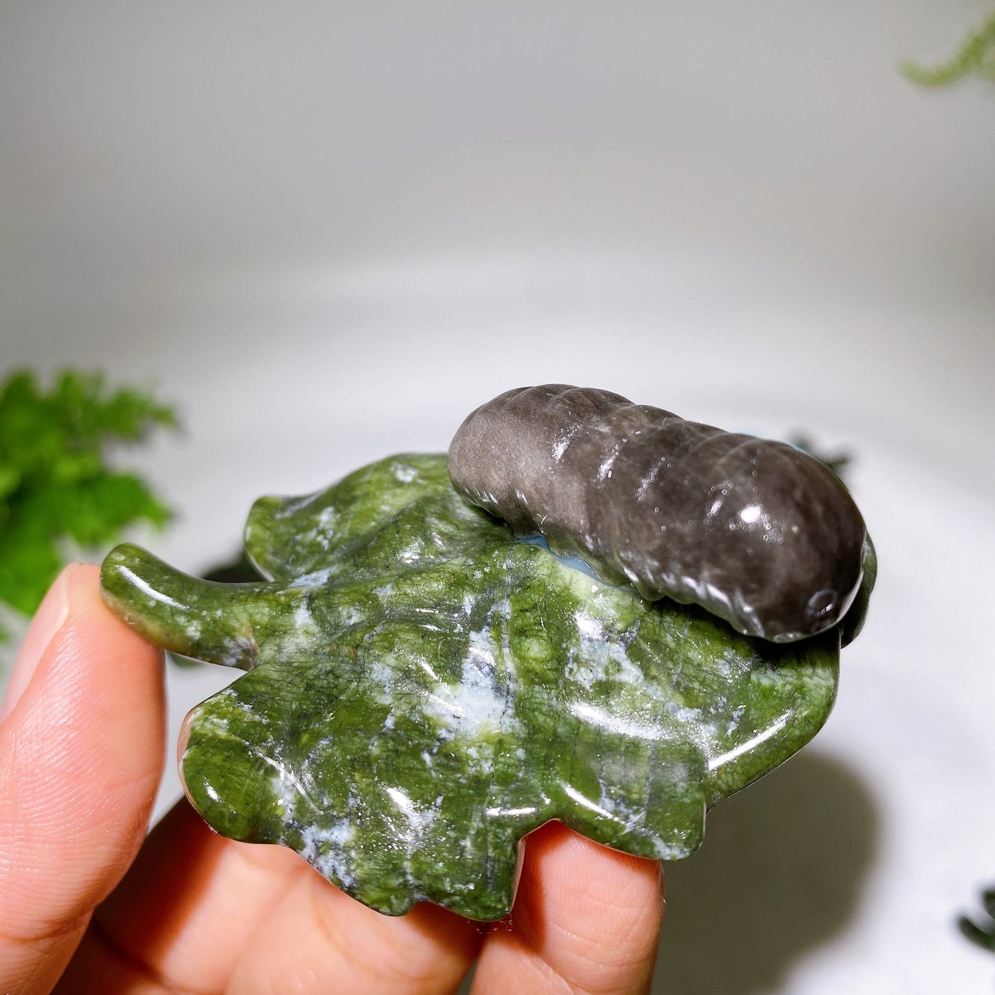 2.7" Crystal Silkworm on Serpentine Leaf Carving Crystal Healing Bulk Wholesale