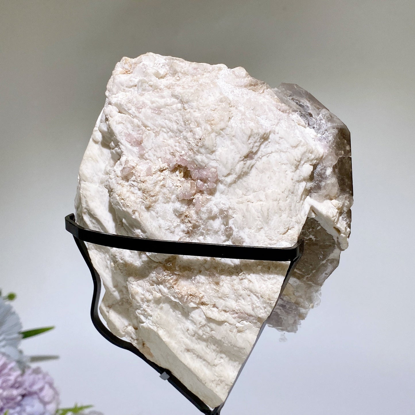 Unique Pink Tourmaline & Smoky Quartz with Mica Grow in Feldspar Specimen with Stand Crystal Healing