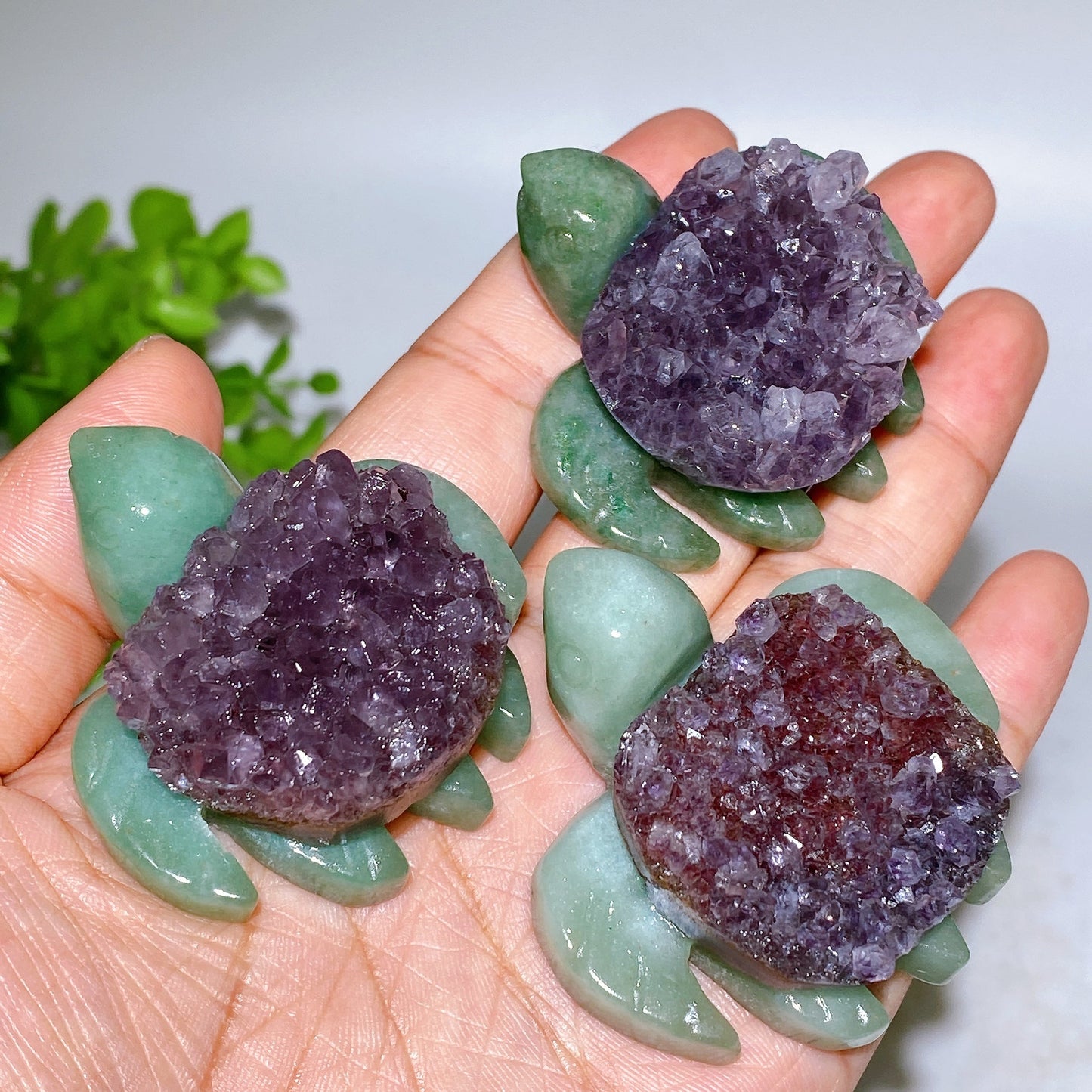 2.0" Amethyst Cluster Green Aventurine Turtle Carving Crystal Healing Bulk Wholesale