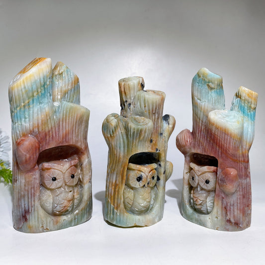 14-16cm Hand Carved Caribbean Calcite Silver Obsidian Owl Tree Hole Carving Free Form Crystal Healing Bulk Wholesale