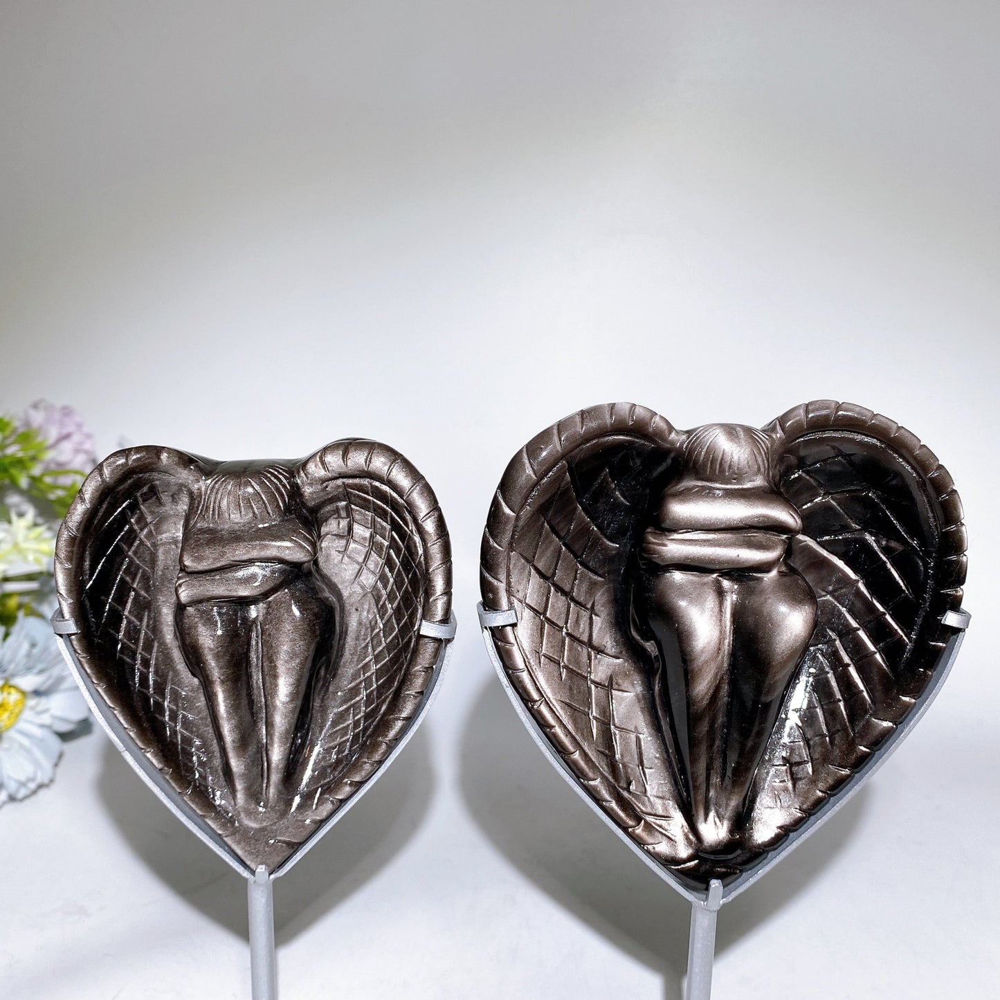 Silver Obsidian Heart Angel Carving with Stand Crystal Healing Bulk Wholesale