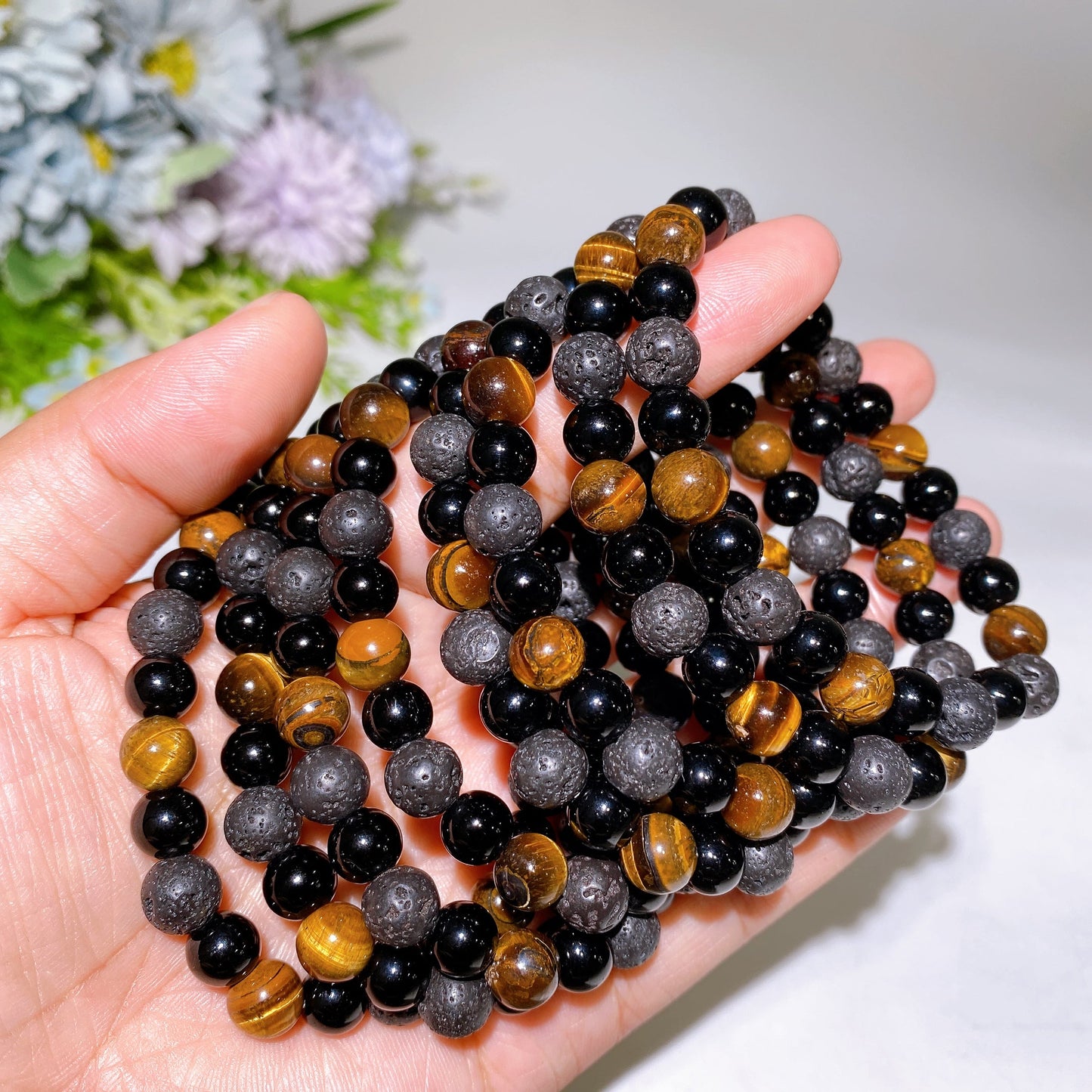8mm Lava Stone Yellow Tiger's Eye Black Obsidian Mixed Crystal Bracelet Crystal Healing Bulk Wholesale
