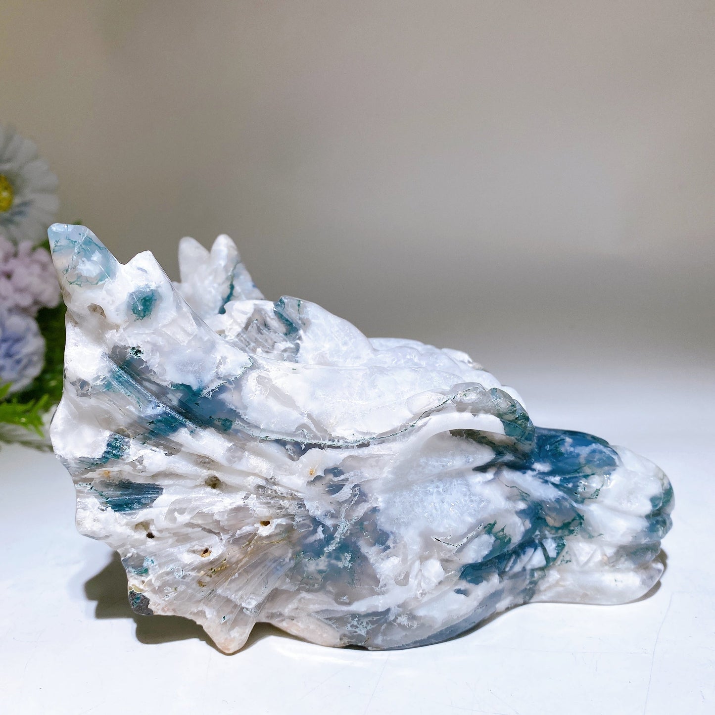 16cm Druzy Moss Agate Dragon Head Carving Crystal Healing Bulk Wholesale