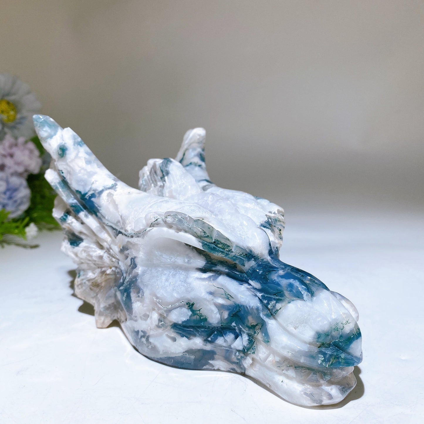 16cm Druzy Moss Agate Dragon Head Carving Crystal Healing Bulk Wholesale