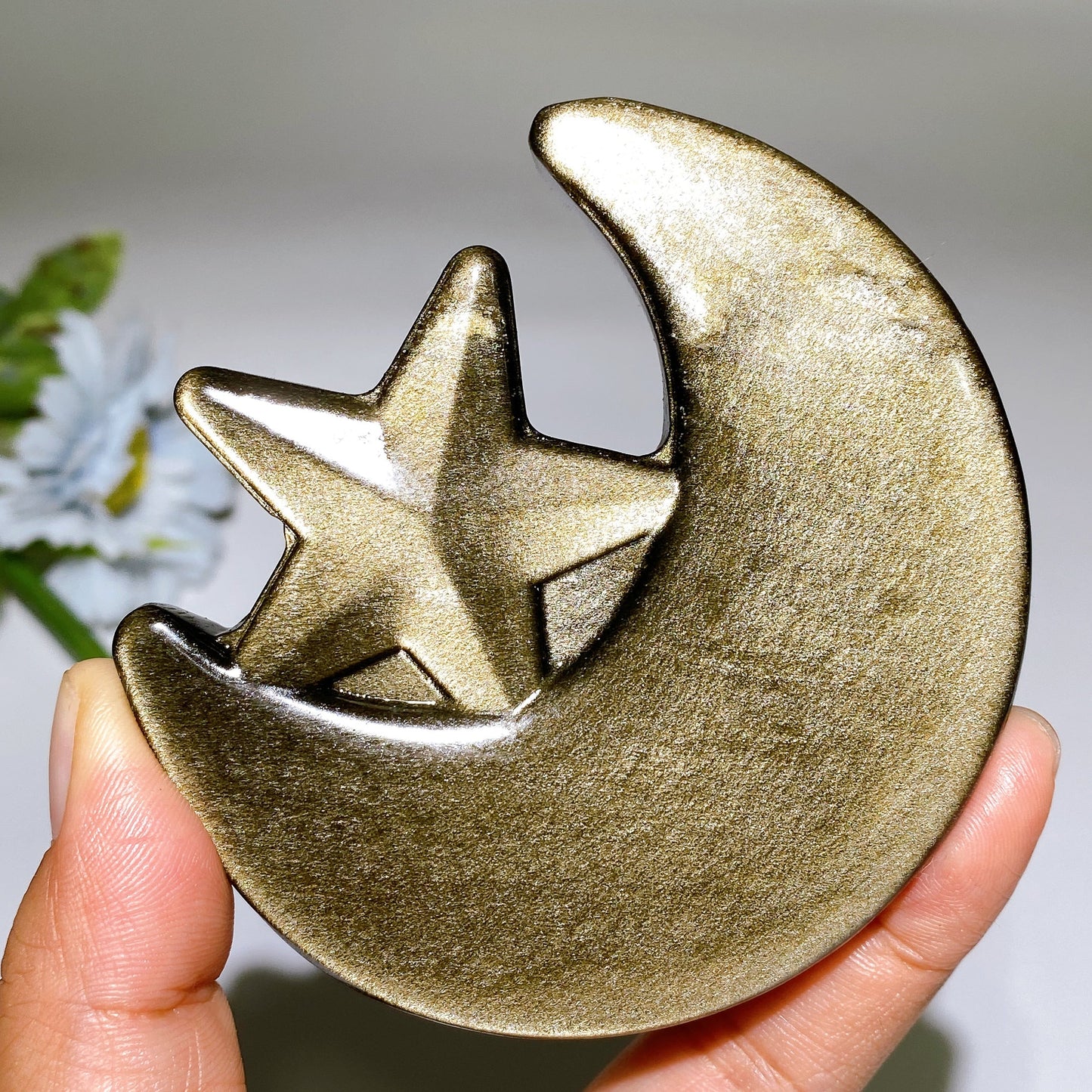 3.3" Golden Obsidian  Silver Obsidian Moon & Star Carving Crystal Healing Bulk Wholesale