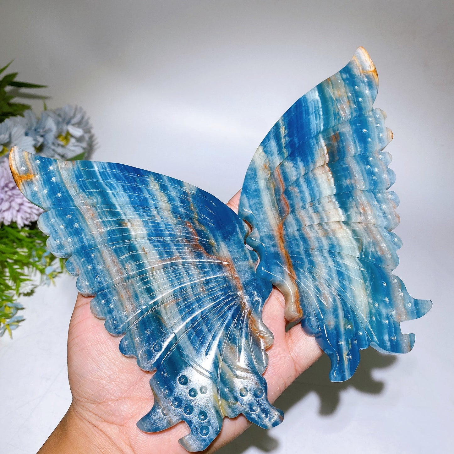 Large Unique Blue Onyx Butterfly Wings Carving with Stand Crystal Healing Bulk Wholesale