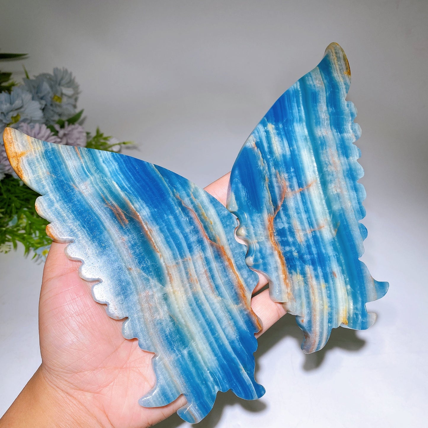 Large Unique Blue Onyx Butterfly Wings Carving with Stand Crystal Healing Bulk Wholesale