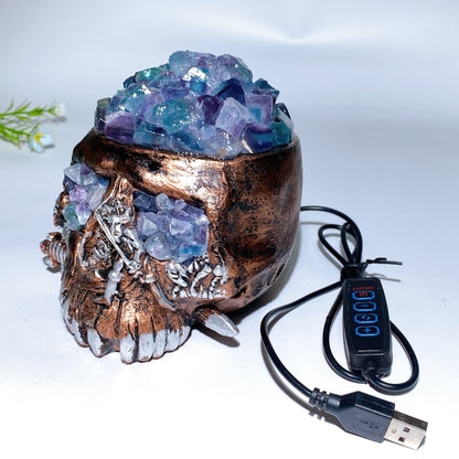 Fluorite Celestite Raw Chips Resin Skull Lamp with USB Crystal Healing Bulk Wholesale