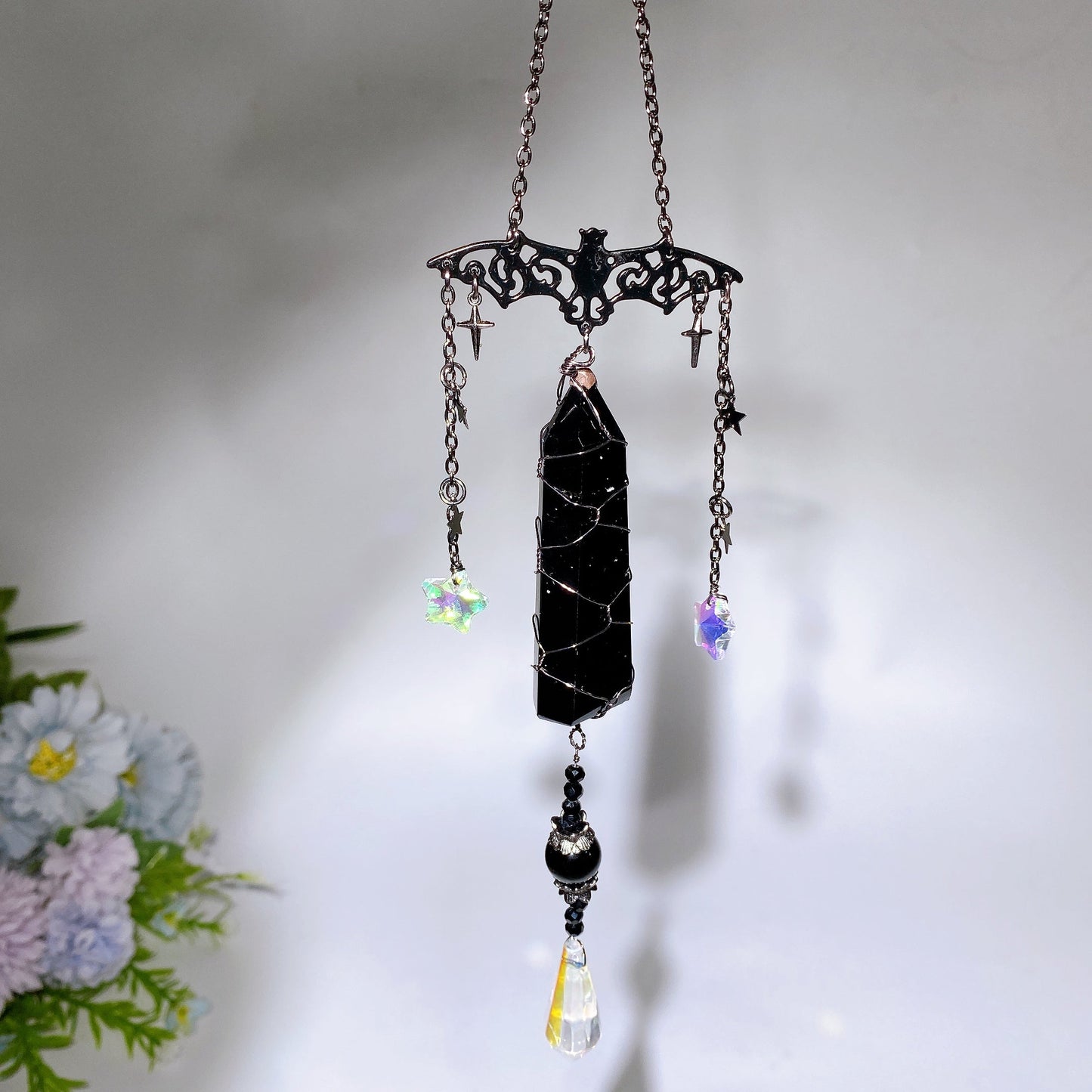 Black Obsidian Point Raw Malachite Suncatcher with Metal Bat Decor Crystal Healing Bulk Wholesale