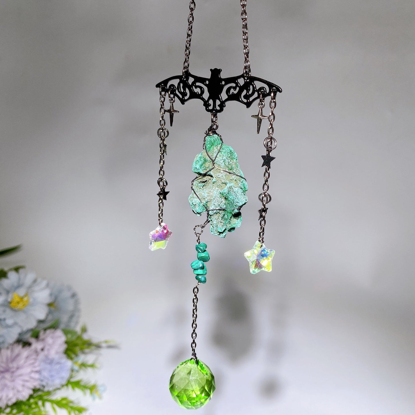 Black Obsidian Point Raw Malachite Suncatcher with Metal Bat Decor Crystal Healing Bulk Wholesale