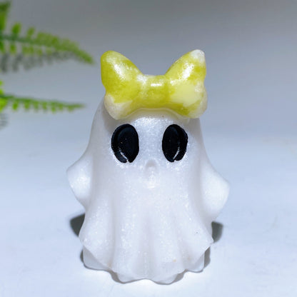 1.8" Natural White Jade Ghost with Bow Halloween Carving Crystal Healing Bulk Wholesale