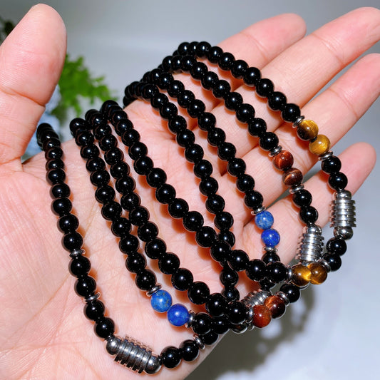 6mm Black Obsidian with Crystal Stainless Steel Neckalce Crystal Healing Bulk Wholesale