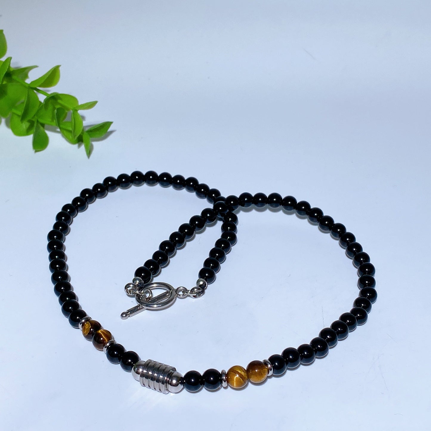 6mm Black Obsidian with Crystal Stainless Steel Neckalce Crystal Healing Bulk Wholesale