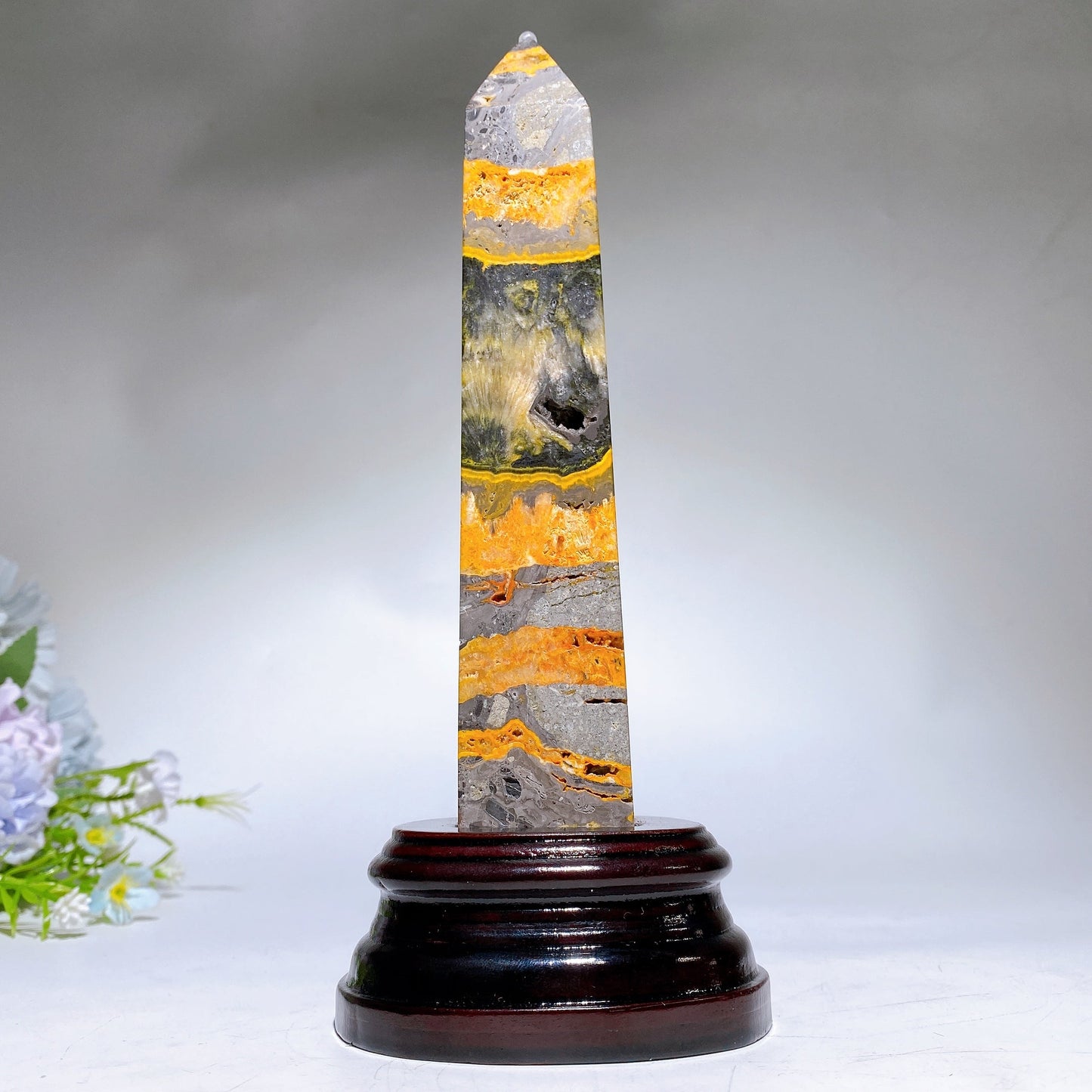 21cm Bumblebee Jasper Tower with Wooden Stand Crystal Healing Bulk Wholesale