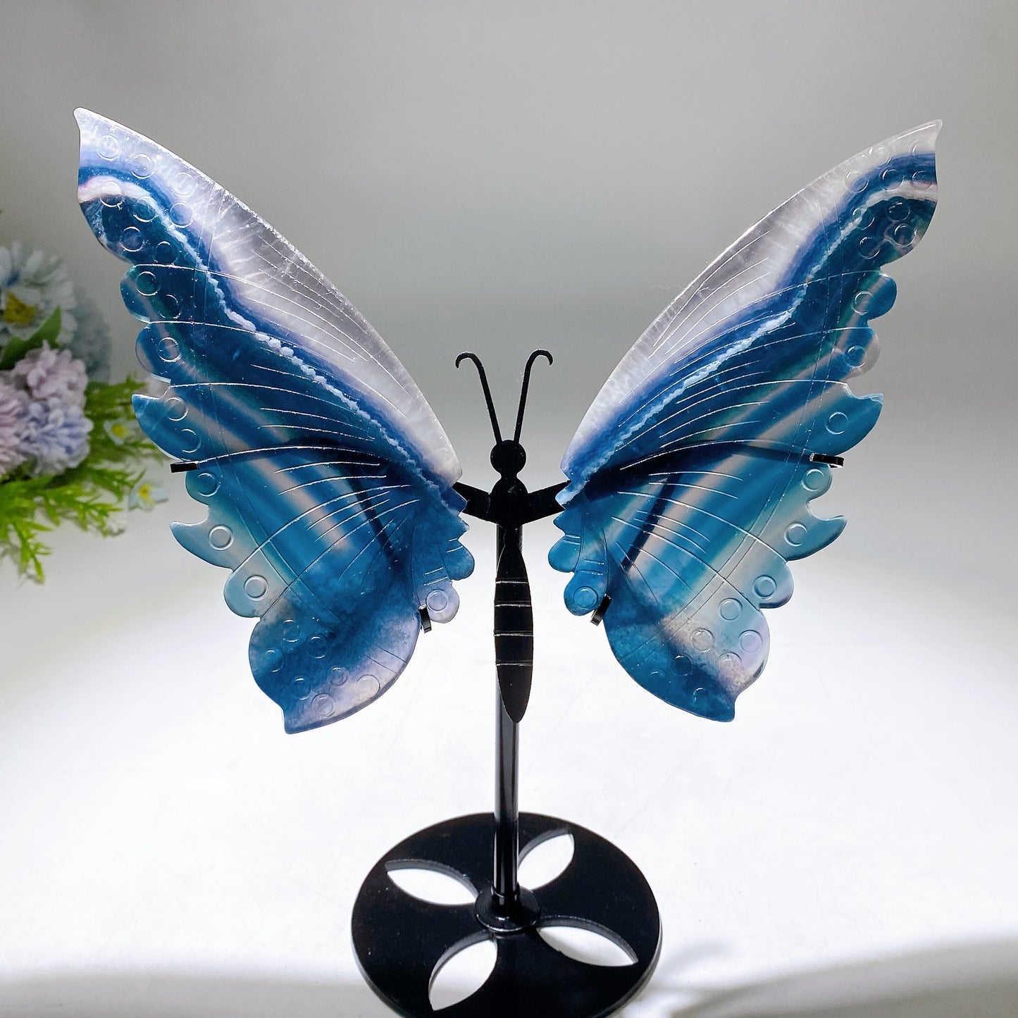 Large Unique Blue Green Fluorite Butterfly Wings Carving with Stand Crystal Healing Bulk Wholesale
