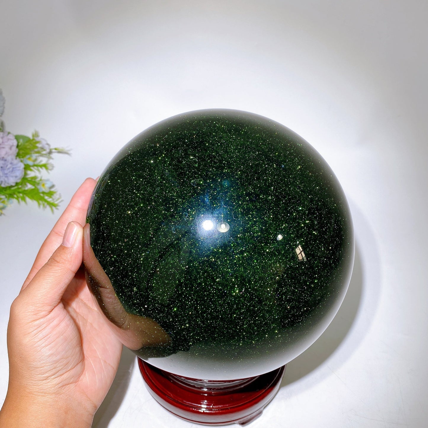 Large Unique Green Blue Sandstone Sphere with Wooden Stand Crystal Healing Bulk Wholesale