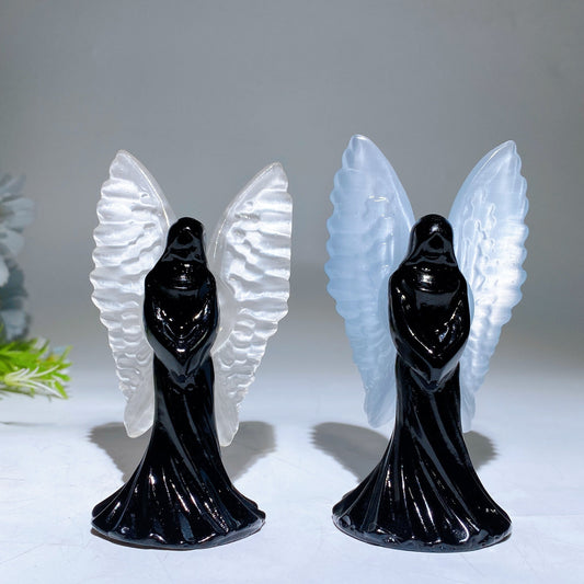 3.6" Black Obsidian with Cat's Eye Angel Carving Crystal Healing Bulk Wholesale