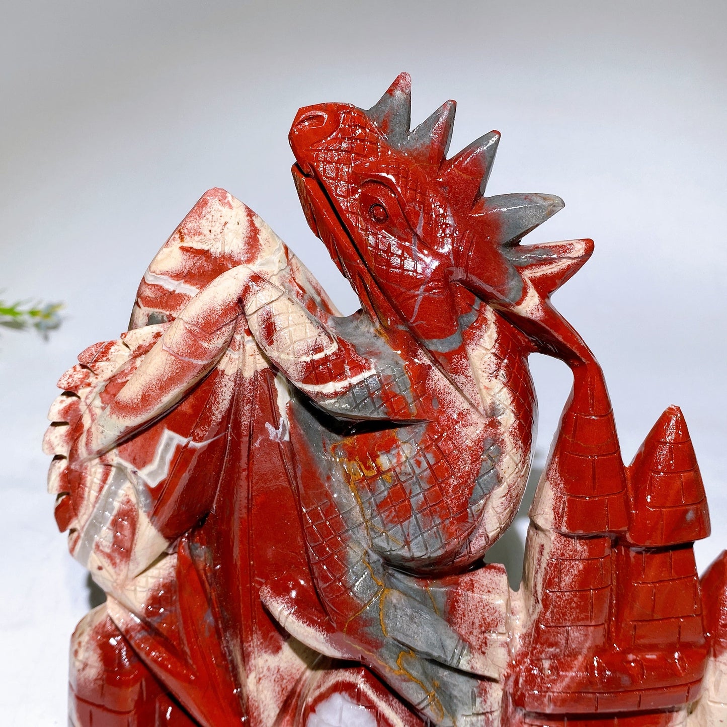 18cm Hand Carved Natrual Red Jasper Dragon on Castle Crystal Healing Bulk Wholesale