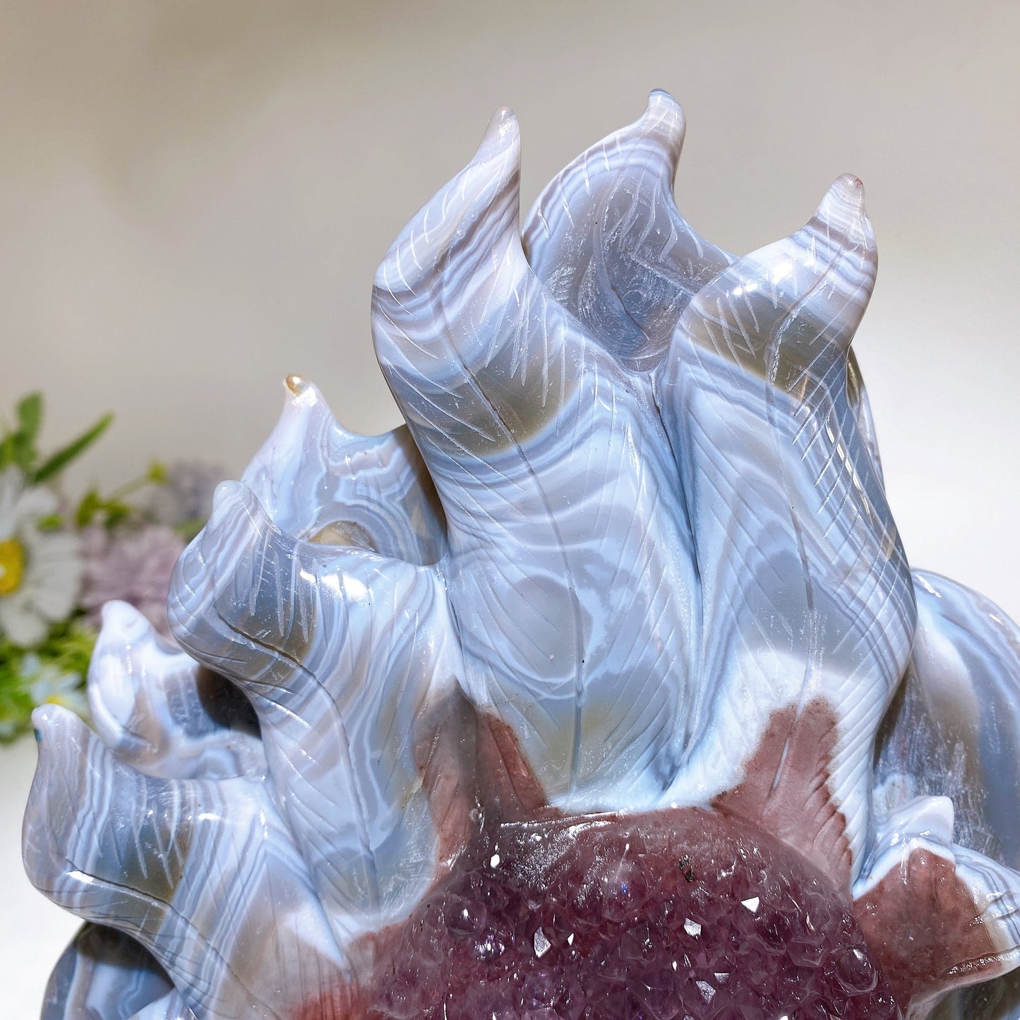 19cm Unique Striped Agate Growing with Amethyst Cluster Nine-tails Fox Carving Crystal Healing Bulk Wholesale