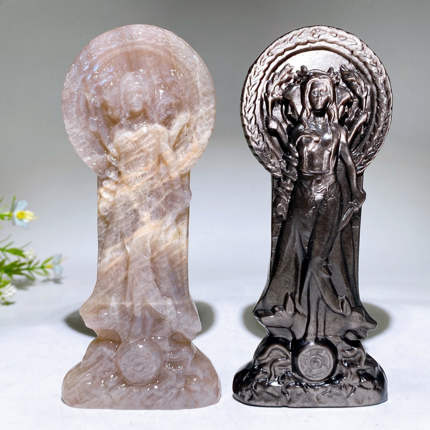 3.1"-5.9" Silver Obsidian Moonstone Hecate Carving Crystal Healing Bulk Wholesale