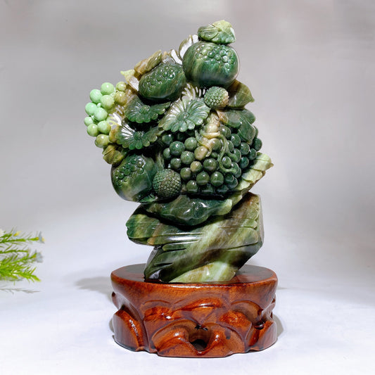 22cm Hand Carved Natural Green Jade Pomegranate Grapes with Wooden Stand Cryrstal Healing Bulk Wholesale