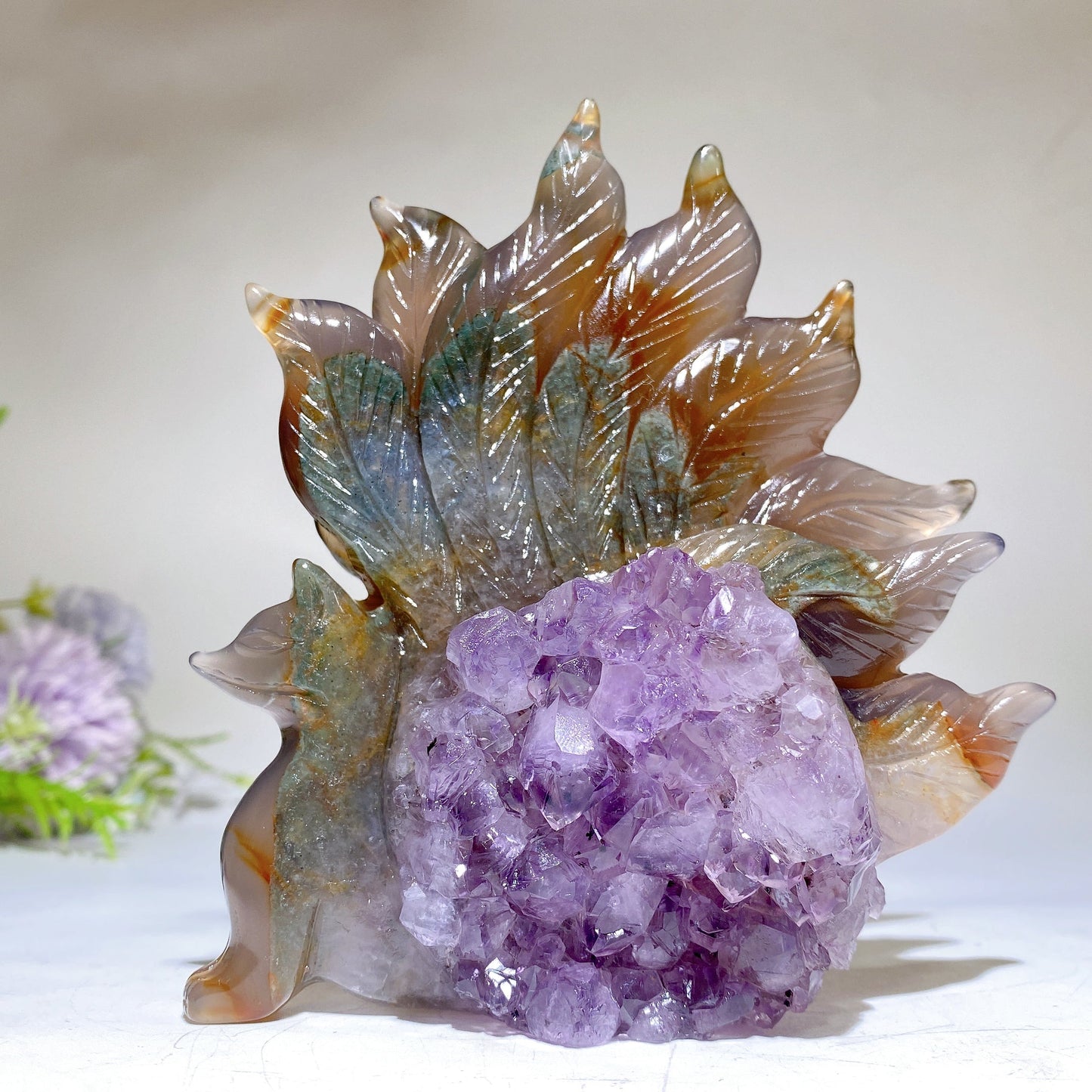 5.0 Unique Agate Growing with Amethyst Cluster Nine-tails Fox Carving Crystal Healing Bulk Wholesale