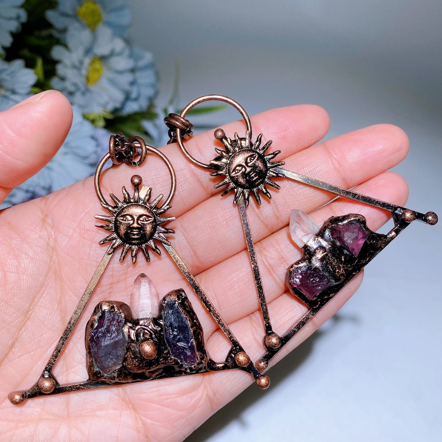 Amethyst Clear Quartz with Metal Sun Face Necklace Crystal Healing Bulk Wholesale