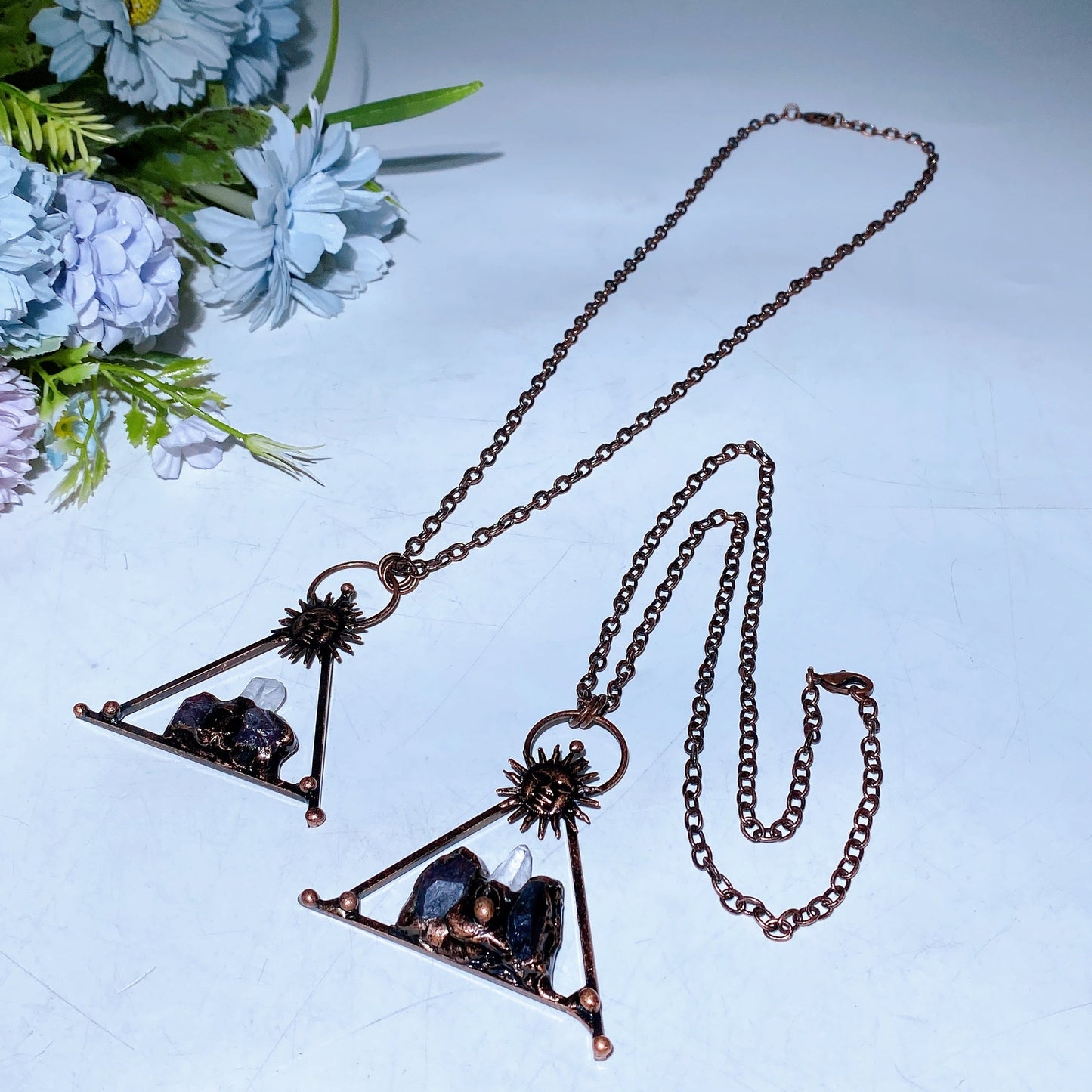 Amethyst Clear Quartz with Metal Sun Face Necklace Crystal Healing Bulk Wholesale