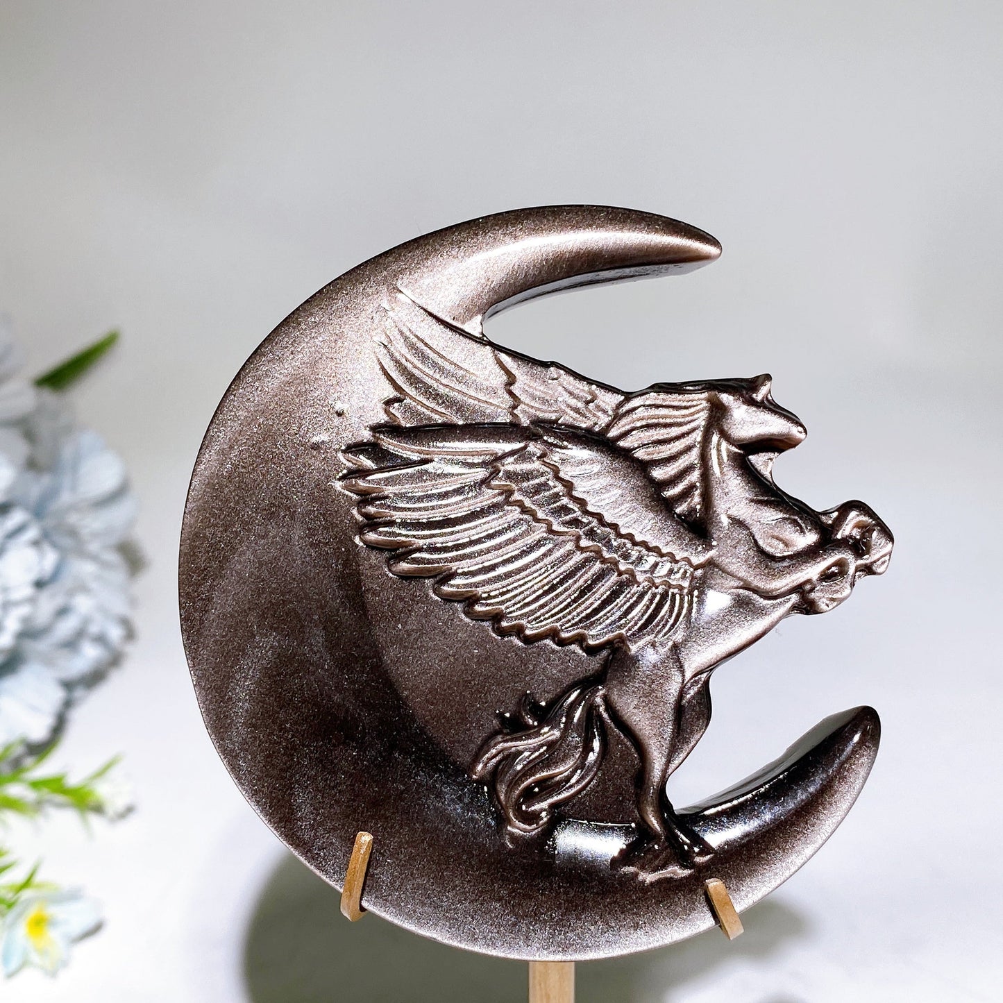 Silver Obsidian Unicorn Dragon Carving with Stand Crystal Healing Bulk Wholesale
