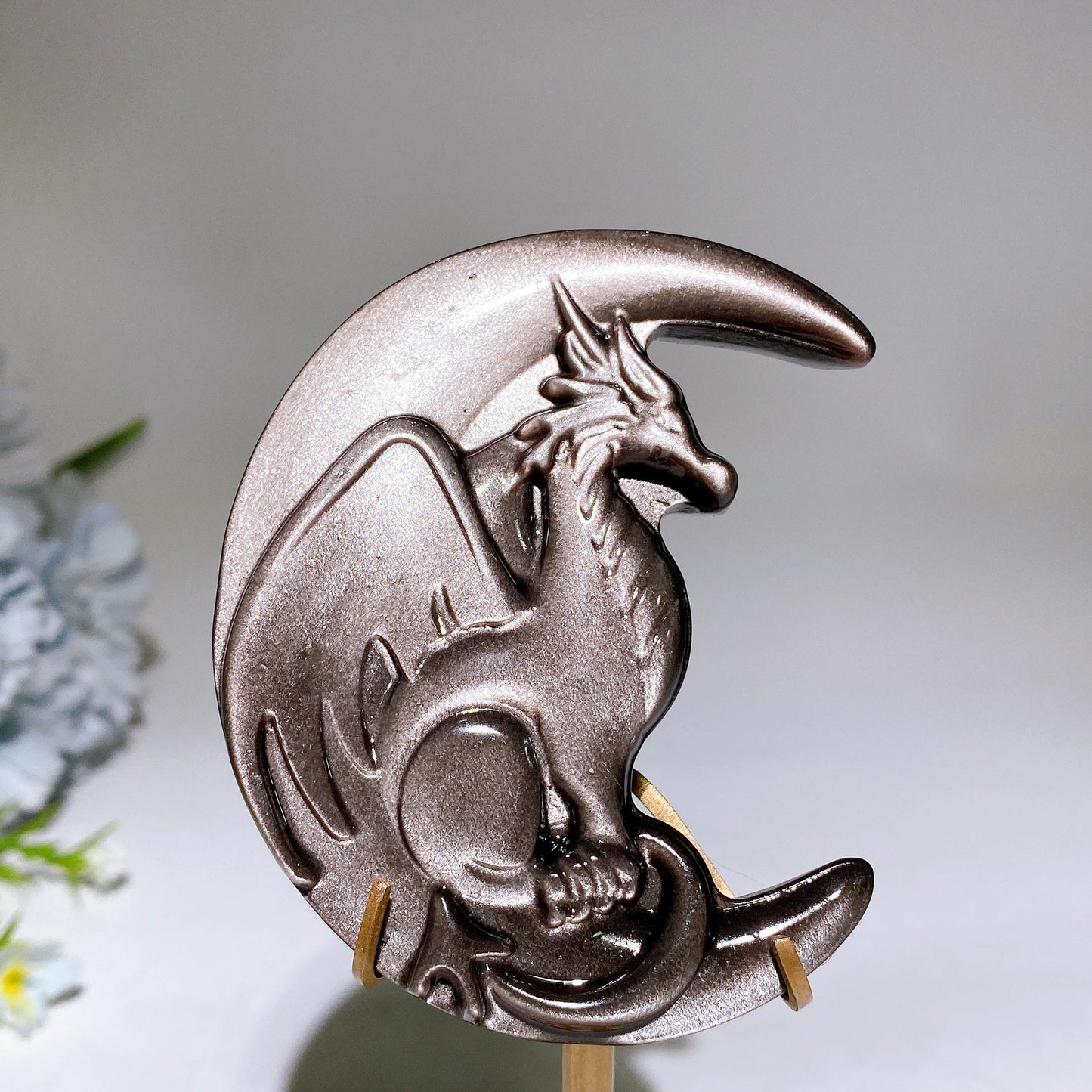 Silver Obsidian Unicorn Dragon Carving with Stand Crystal Healing Bulk Wholesale