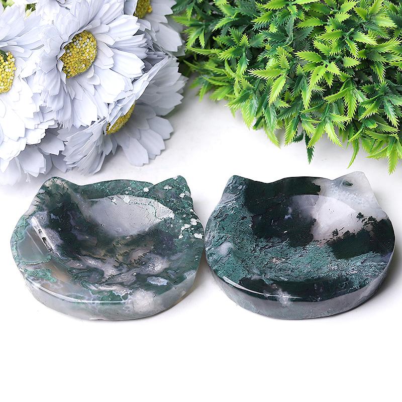3.5" Moss Agate Cat Head Bowl Crystal Carvings Wholesale Crystals