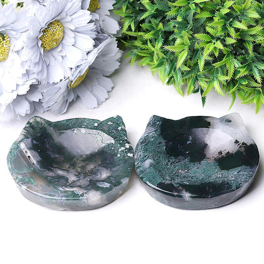 3.5" Moss Agate Cat Head Bowl Crystal Carvings Wholesale Crystals