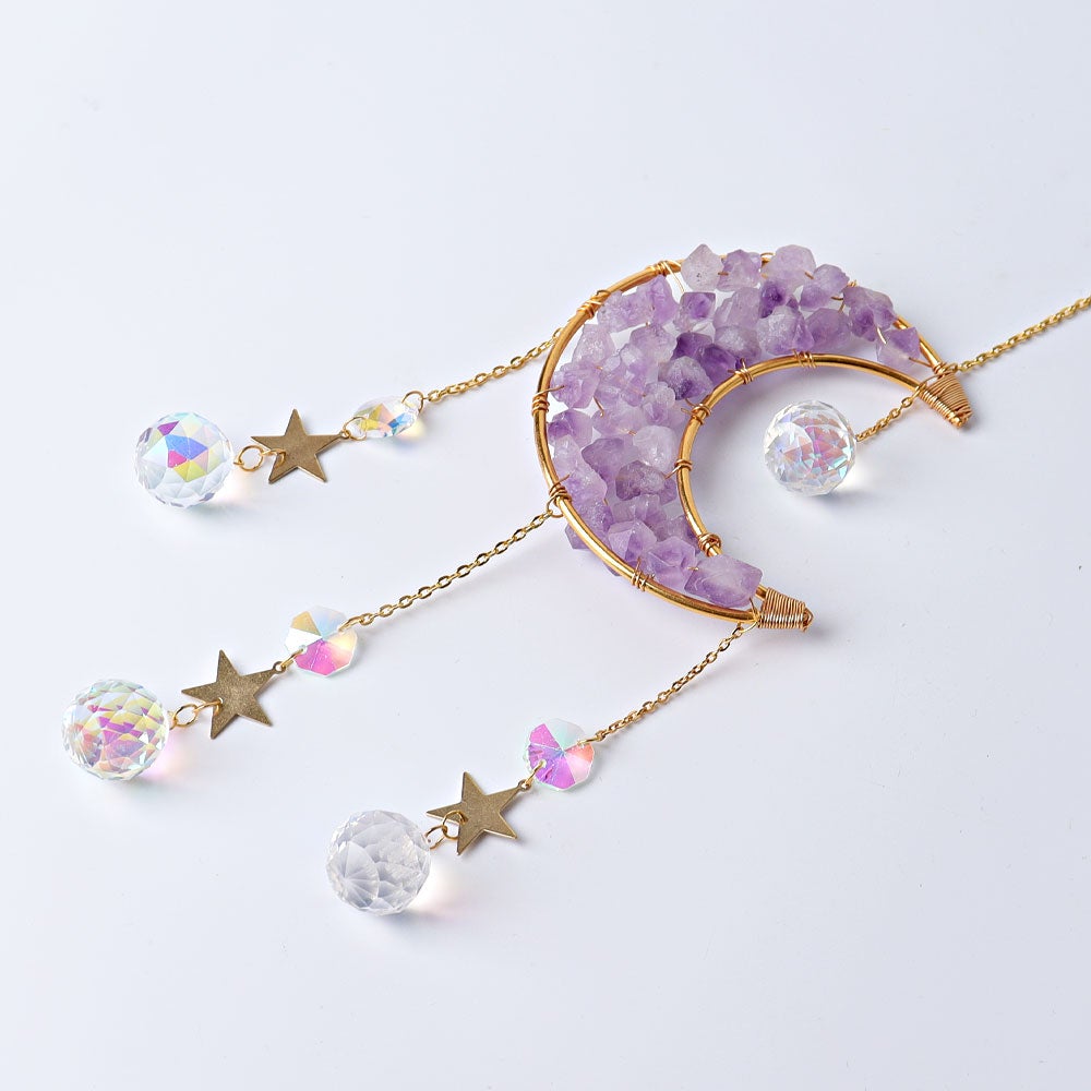 Amethyst Moon Suncatcher with Golden Rim Glass Diamond Hanging Ornament Wholesale Crystals