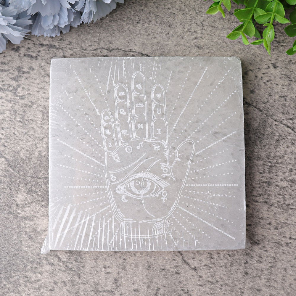 6" Square Selenite Coaster with Chakra Hand Printing Wholesale Crystals