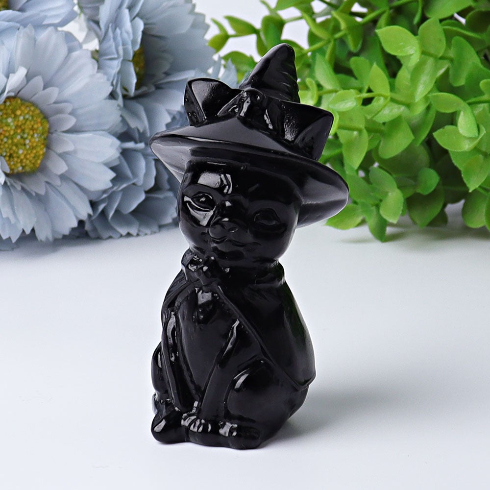 3.5" Black Obsidian Cat with Witch's Hat Crystal Carvings Wholesale Crystals