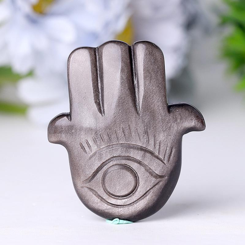2" Sliver Obsidian Hand with Evil Eye Crystal Carvings Wholesale Crystals