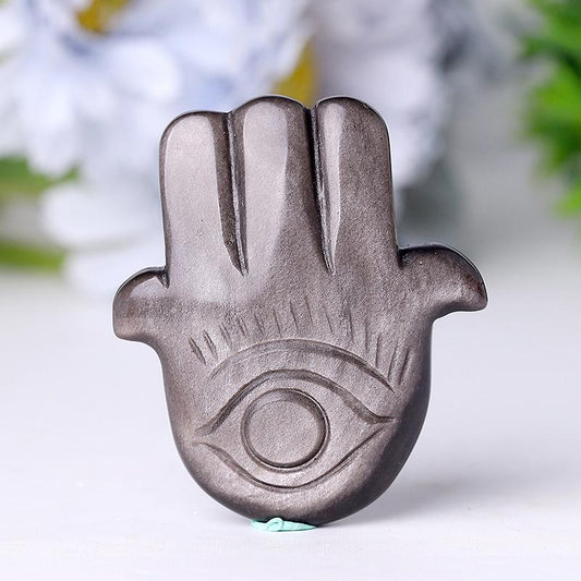 2" Sliver Obsidian Hand with Evil Eye Crystal Carvings Wholesale Crystals