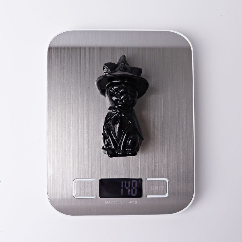 3.5" Black Obsidian Cat with Witch's Hat Crystal Carvings Wholesale Crystals