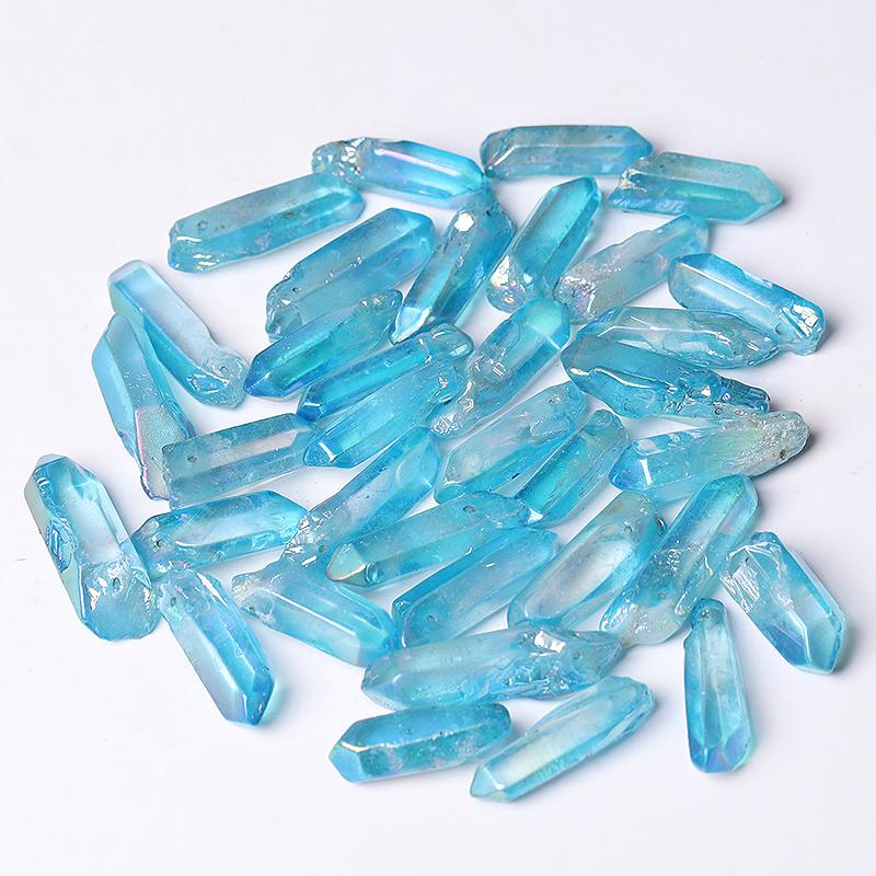 Drilled Blue Aura Quartz Crystal Points Raw Rough Clear Rock Quartz Sticks Wholesale Crystals