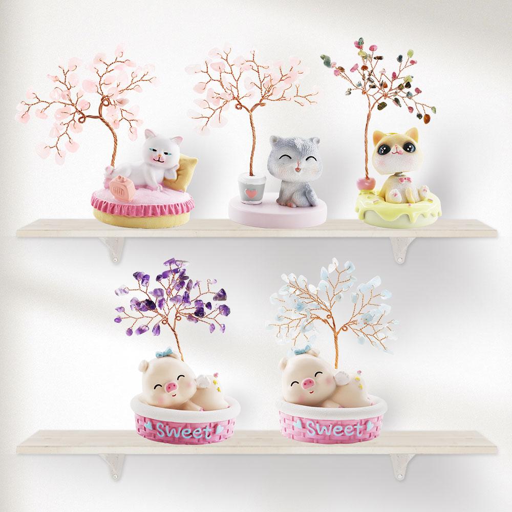 Wealth and Luck Crystal Money Tree with Cute Resin Little Cat  for Home Decor Wholesale Crystals