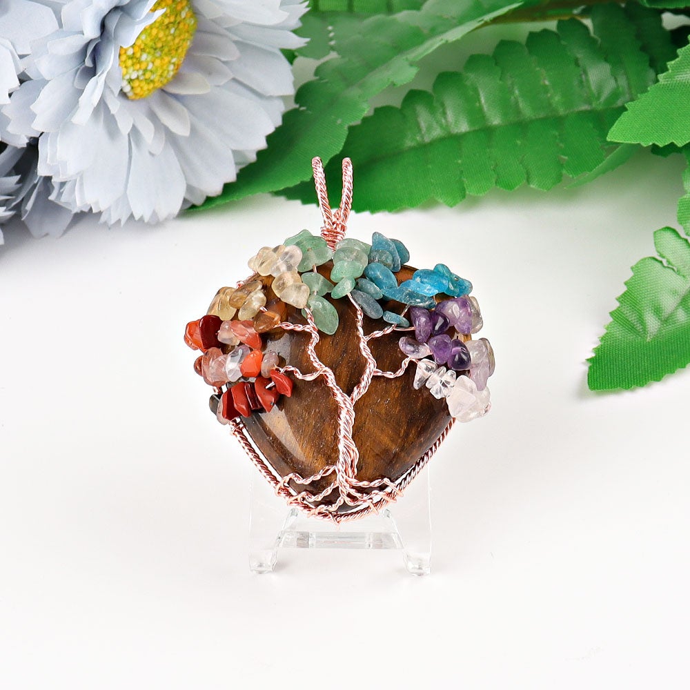 2" Chakra Tree of Life Wire Wrapped Heart Pendant Wholesale Crystals