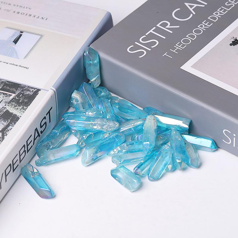 Drilled Blue Aura Quartz Crystal Points Raw Rough Clear Rock Quartz Sticks Wholesale Crystals