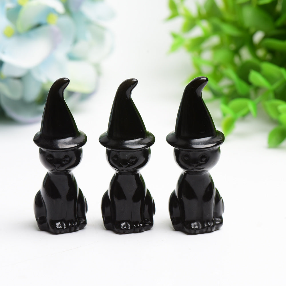 2.3" Black Obsidian Cat with Wizard Hat Carving Bulk Wholesale  Wholesale Crystals
