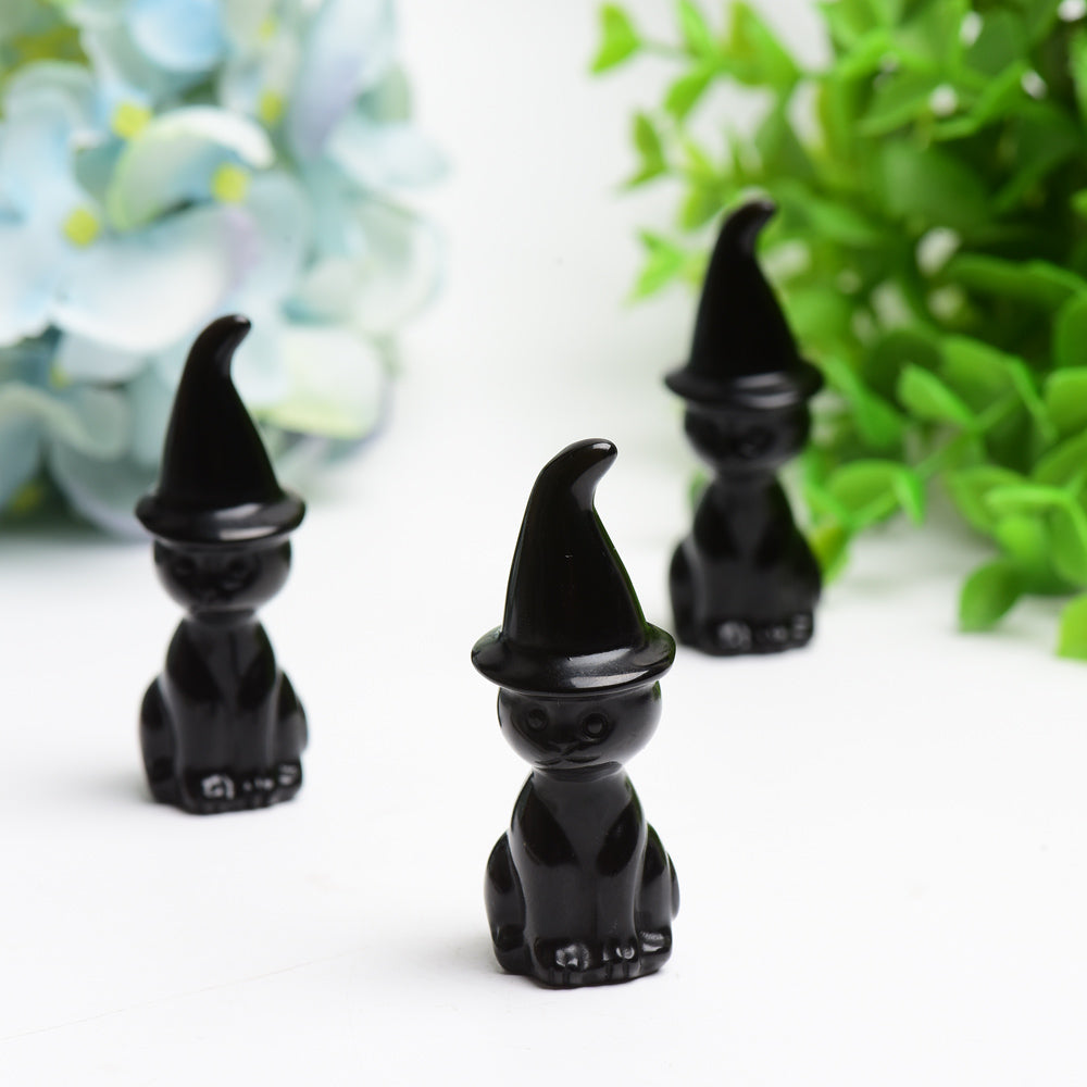 2.3" Black Obsidian Cat with Wizard Hat Carving Bulk Wholesale  Wholesale Crystals