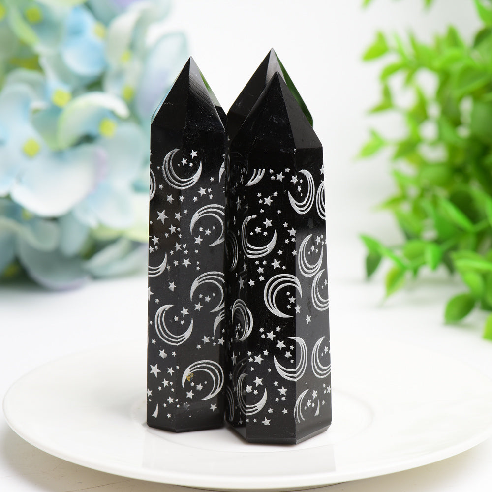 3.0"-3.5" Black Obsidian Crystal Point with Silver Moon Star Printing Bulk Wholesale  Wholesale Crystals