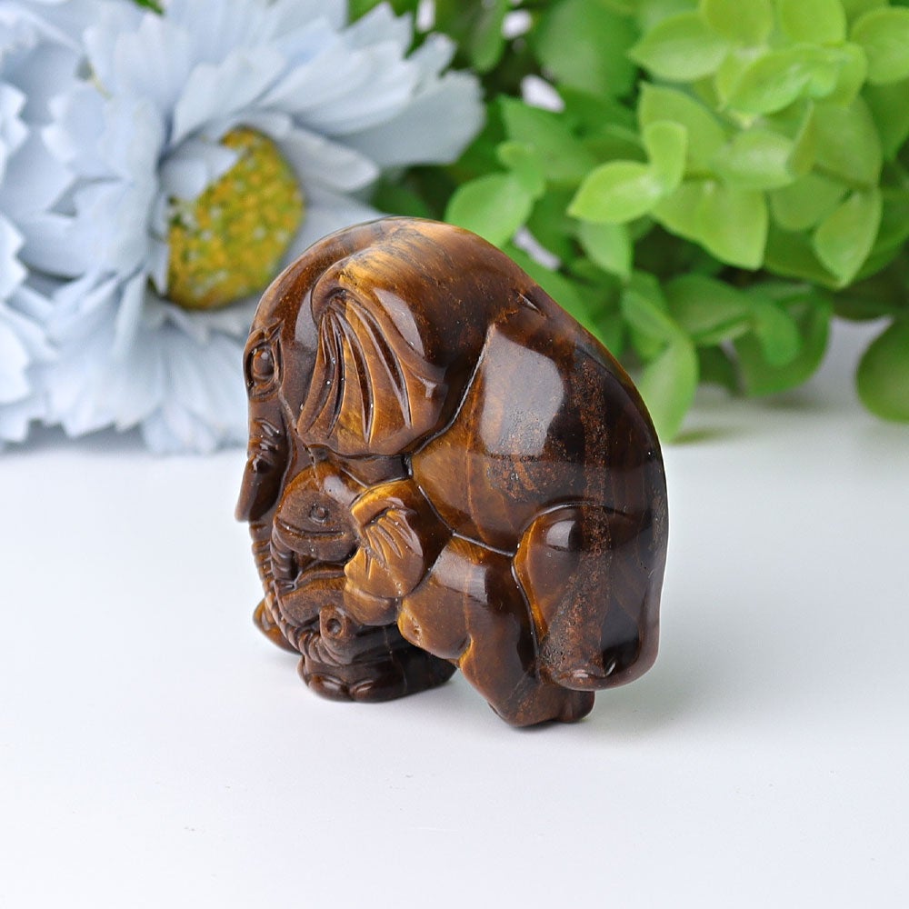 1.8" Yellow Tiger's Eye Elephant Baby & Mother Crystal Carvings Wholesale Crystals